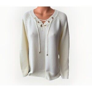 Calvin Klein Ivory Knit Sweater Size L Nautical Lace Up V-Neck
